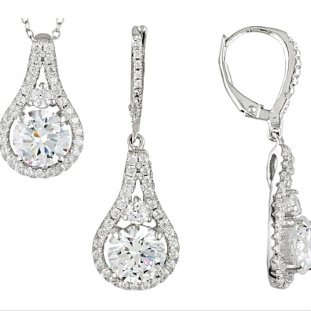 Diamond Simulant Pendant And Earrings in Sterling Silver